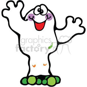   The clipart image depicts a cartoon-style ghost. It appears friendly and cheerful, with a big smile, excited eyes, and open mouth. The ghost is standing with arms outstretched, seemingly in a welcoming or playful pose. It