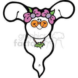 The clipart image shows a whimsical ghost with a playful design. At the top of the ghostly figure, there are purple bows in the hair 