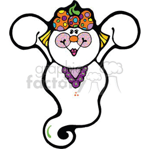   This clipart image features a stylized depiction of a friendly-looking ghost with feminine attributes. It has a colorful bow on top with Halloween-themed patterns like pumpkins and dots. It has a cute, painted face with cosmetic makeup including eyelashes, pink cheeks, and lips, a small purple heart-shaped nosed adorned with a necklace, and a violet pendant. It seems to be smiling, enhancing its non-scary, whimsical appearance. The ghost