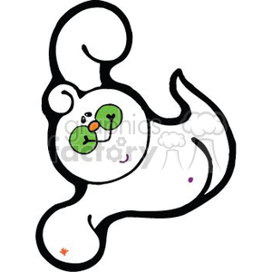 The clipart image features a cartoon ghost. The ghost is depicted in a playful and happy manner, characterized by a whimsical style. It appears to be floating or flying, with a smiling face and blushing cheeks, adding to the friendly demeanor. The ghost is white, outlined in black, and has charming details such as small colorful accents on its body.