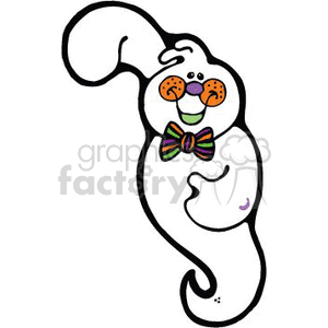 The image is a cartoon-style illustration of a friendly looking ghost. The ghost is depicted with a whimsical, smiling face, a colorful bow tie, and blushing cheeks, giving off a light-hearted Halloween vibe rather than something truly frightening.