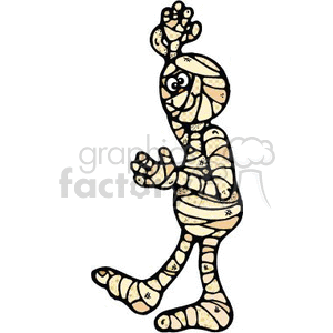   The image shows a cartoon-style depiction of a mummy, typically associated with Halloween themes. The mummy appears to be dancing or taking a step with a joyful expression, as suggested by the animated posture and the lifted foot. 