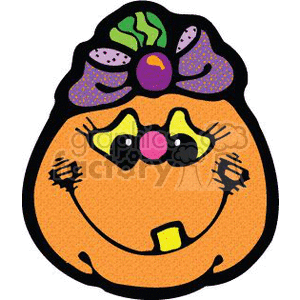 The clipart image features a stylized female character designed to resemble a jack-o'-lantern. The pumpkin has a friendly and cute appearance, with big, expressive eyes accented with makeup, a small upturned nose, and a cheerful mouth with a visible tooth. The pumpkin is decorated with a bow that has a polka-dot pattern and a leaf and berry on top, suggesting a feminine touch.