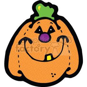 This clipart image depicts a cute, cartoon-style Halloween pumpkin with a friendly face. It features a big, squiggly smile, a purple nose, eyes looking happily to the side, and a single tooth. The pumpkin has a green stem on top, which looks a bit like hair