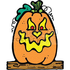 This clipart image depicts a cartoon-style Halloween pumpkin with a scary face carved into it. The pumpkin has triangular eyes with red pupils, a jagged mouth, and a green stalk with what appears to be a vine or leaf. It is sitting on what looks like a wooden surface.