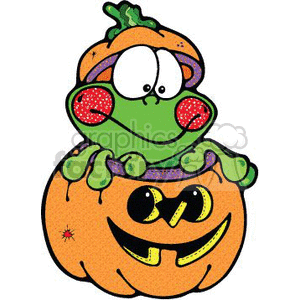 Cartoon frog sitting inside a pumpkin