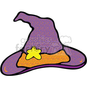 The clipart image depicts a traditional witch's hat, often associated with Halloween. It has a floppy and crumpled appearance with a wide brim and a tall, pointed, and curved top. The hat has a purple base with numerous tiny orange and yellow speckles, and there's a bright yellow, star-shaped patch near the base of the hat.