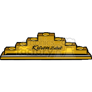 This clipart image features a stylized representation of a Kinara, which is a candle holder used during the Kwanzaa celebration. The Kinara in this image appears to be gold in color, with seven candle holders, some of which have circular flame-like symbols, suggesting where the candles would be placed. The word Kwanzaa is written across the front center of the candle holder.