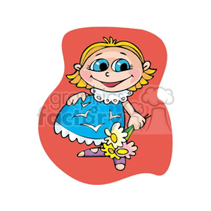 Clipart of a smiling girl in a blue dress holding flowers.