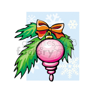 Clipart image of a pink Christmas bulb with green leaves and an orange bow, set against a background with snowflakes.