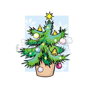 A festive Christmas tree with colorful ornaments and a star on top, set against a background with snowflakes.