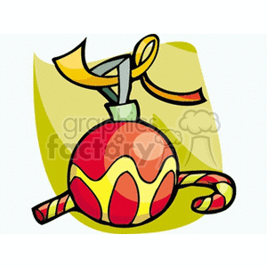 A festive clipart image featuring a Christmas ornament and a candy cane.