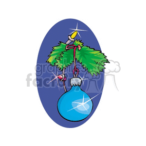 A festive clipart image featuring a blue Christmas bulb ornament hanging from a branch, adorned with greenery and twinkling stars, set against a blue oval background.