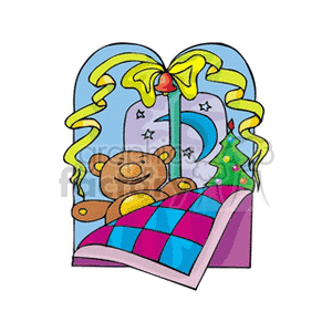 Colorful clipart image featuring a teddy bear in bed with festive decorations, including a Christmas tree and ribbons, against a night sky backdrop.