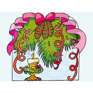 Festive holiday clipart featuring a decorated candle with pine branches, pink ribbons, and pinecones.