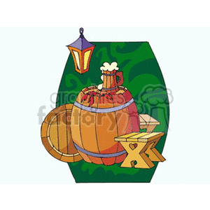 Festive clipart image featuring wooden barrels, a mug of beer with foam, a lantern, and benches, set against a green background, evoking St. Patrick's Day celebrations.