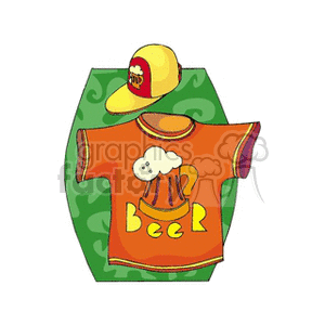 Clipart image of holiday-themed clothing featuring a t-shirt and a hat with beer designs.