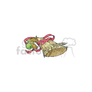 The image depicts a bundle of wheat sheaves tied together with a red ribbon, accompanied by an ear of corn and a green apple, suggesting a harvest or Thanksgiving theme.