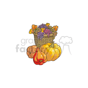 whimsical thanksgiving gourds pumpkins and grapes in a pot