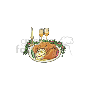 This clipart image depicts a traditional Thanksgiving dinner setting. It features a roasted turkey on a platter garnished with herbs, two filled wine glasses, a lit candle in a candle holder, some holly berries with leaves adorning the scene. The turkey appears to be stuffed with a visible stuffing.