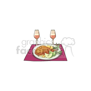 The clipart image depicts a Thanksgiving dinner setting, featuring a roasted turkey thigh on a plate with garnishes, which could include herbs and possibly fruit or vegetables like lemon and apple slices. There are also two glasses that appear to hold champagne or another sparkling beverage, all set against a pink background, possibly indicating a tablecloth.