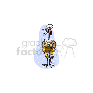   The image is a clipart illustration featuring a turkey with a sunflower. The turkey is depicted in a whimsical manner commonly associated with holiday-themed graphics. It has a chef