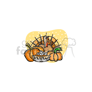 The clipart image features traditional Thanksgiving icons, including a roasted turkey, pumpkins, and a pumpkin pie. The elements are set against an abstract, dotted backdrop that suggests a festive atmosphere. 