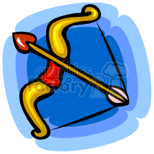   The clipart image depicts a cartoon-style depiction of a golden bow with a red center and a heart-shaped arrow. The background is a simple blue shape with soft edges, likely representing the concept of love or affection, commonly associated with holidays such as Valentine