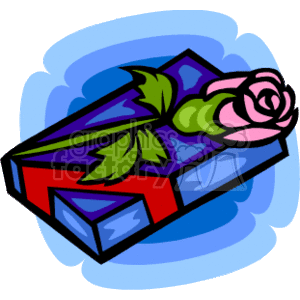   The clipart image features a stylized representation of a gift box with a pink rose on top. The gift box appears to have a purple and red color scheme with a blue shadow in the background, suggesting that it could be associated with a romantic occasion such as Valentine