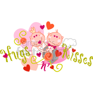   The clipart image features two stylized cartoon characters in an embrace, with one giving the other a kiss on the cheek. They are surrounded by hearts of various sizes and colors, suggesting a romantic or affectionate theme. The words hugs and kisses, written in a whimsical, decorative font, are also part of the image, reinforcing the themes of love and affection typically associated with Valentine
