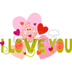   The clipart image features a whimsical design with a central creature that appears to be a smiling face with a crown, arms outstretched, surrounded by variously sized hearts in pink and red. Behind the creature, there are two large pink hearts, and in the foreground, the words LOVE YOU are written in green, stylized, lowercase letters adorned with smaller hearts and two flower-like decorations resembling roses. The overall theme suggests a loving, joyous sentiment often associated with Valentine