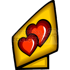 The clipart image depicts a yellow card with two overlapping red hearts on the front, representing love and affection. The stylization and representation typically associate with Valentine's Day or love-themed greeting cards.