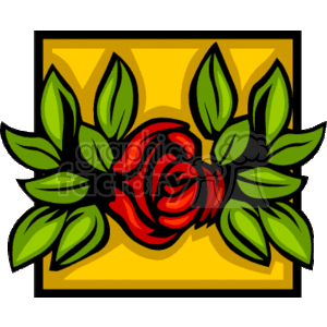 The clipart image depicts a stylized single red rose surrounded by green leaves, set against a yellow background with a darker yellow accent, which could be indicative of a frame or border. The image is reminiscent of a decorative element that might be used in themes related to holidays, love or Valentine's Day, making it suitable for greetings cards, invitations or similar purposes.