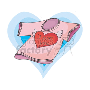 Clipart image of a pink t-shirt with a heart design that says 'I Love You' and wings, set against a large heart background.