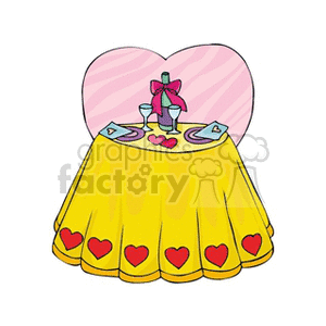 Illustration of a romantic dinner table with a bottle, two glasses, and hearts, set for Valentine's Day.