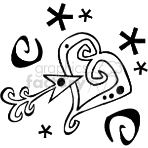   The image is a black and white clipart depicting a stylized heart pierced by an arrow. Surrounding the heart are various swirls and asterisk-like shapes, giving the illustration a whimsical or decorative feel. The design is evocative of themes associated with Valentine