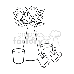 The clipart image depicts a vase with a bouquet of flowers, two candles of different sizes with one lit, and two heart-shaped decorations, likely indicative of a romantic setting. These elements are commonly associated with Valentine's Day or expressions of love.