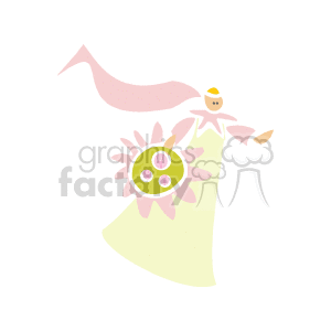   The image contains a simple, stylized representation of a bride, part of a wedding theme. The bride appears to be dressed in a white wedding gown with pink and green floral accents and is holding a bouquet. There is a flowing pink veil attached to the bride