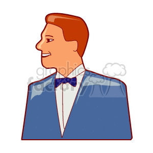 Clipart image of a groom wearing a blue suit and bow tie.