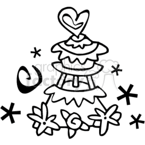 A whimsical clipart illustration of a tiered wedding cake adorned with flowers and a heart topper. Decorative elements like stars and swirls surround the cake.