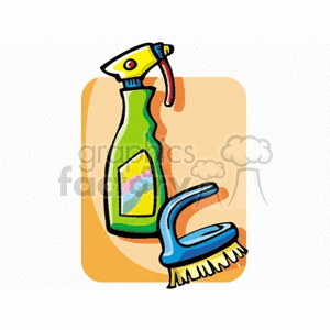 Clipart image of a spray bottle and cleaning brush, commonly used for household cleaning tasks.