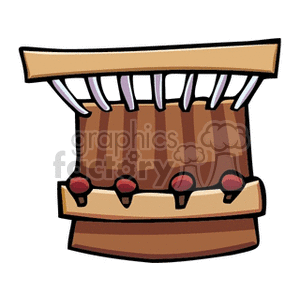 Clipart illustration of a wooden coat rack with hooks and hanger rails.