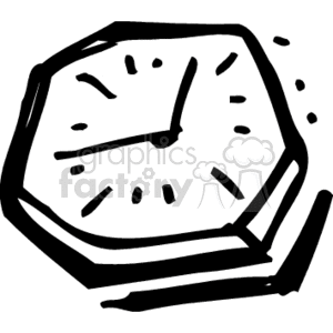 A black and white clipart image of a stylized clock with a hexagonal shape.