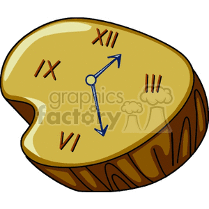 A whimsical wooden clock illustration with a distorted shape and Roman numerals.