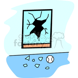 Clipart image of a broken window with a baseball nearby, indicating an accident in the household.