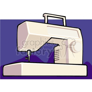 Illustration of a household sewing machine against a purple background.