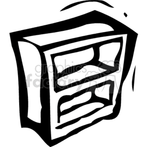 Black and white clipart illustration of a household shelving unit with multiple shelves.