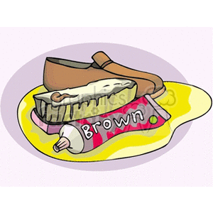 Clipart image of a shoe, a shoe brush with cream on it, and a tube of brown shoe cream.