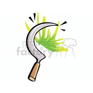 Clipart image of a sickle with a wooden handle used for cutting grass or weeds.