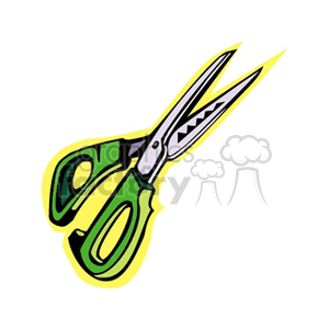 Clipart image of green-handled household scissors with a yellow outline.